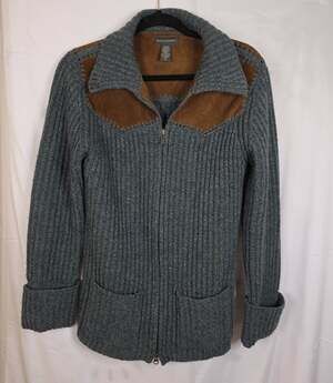 VTG Banana Republic Womens Leather & 100% Lambswool Knit Zipper Sweater Size M